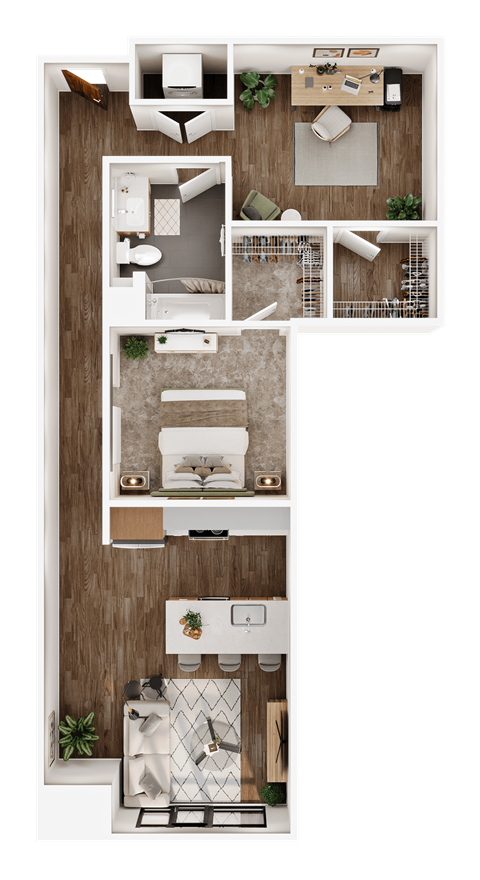 Floor plan for 2 beds, 1 bath, 958 sqft